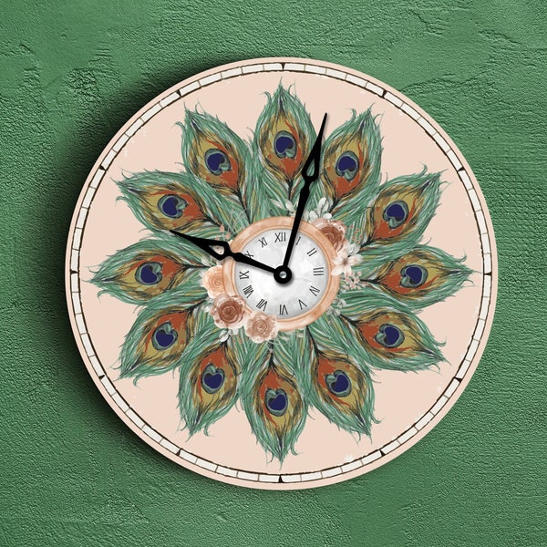 Horloge de paon, horloge de plumes de paon, horloge murale oiseau, horloge verte, horloge murale unique, horloge murale en bois, horloge élégante, horloge vintage