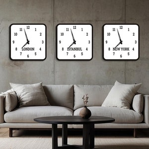 Custom time zone wall clock, Multi time zone clock, City wall clock, World time zone clocks, Multiple time zone clock, Hotel reception clock