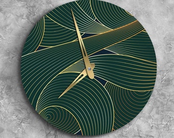 Green with gold clock, Wave wall clock, Leaves wall clock, Nature wall clock, Large wall clock unique, Oversized wall clock, Modern clock