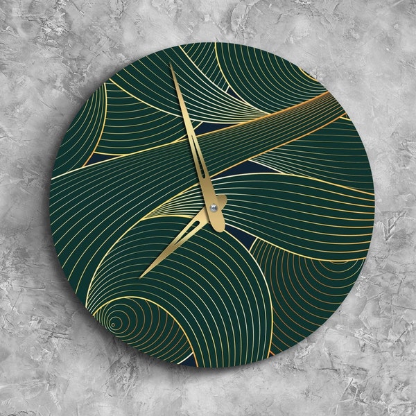 Green with gold clock, Wave wall clock, Leaves wall clock, Nature wall clock, Large wall clock unique, Oversized wall clock, Modern clock