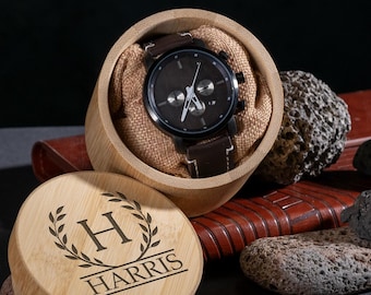 Personalized wood watch for men, Groomsman watch with box, Custom watch engraving, Engraved watches for him, Anniversary watch for men