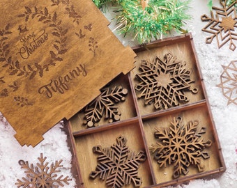 Wooden snowflake ornament, Laser cut wood decor, Wooden snowflake Christmas, Snowflake decorations, Snowflake Ornament Gift Box Set