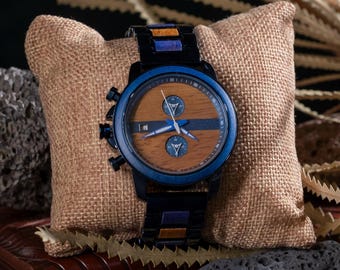 Engraved wood watch for men, Personalized watch for men blue, Wooden watch for him, Wrist watch engraved, Anniversary watch for men