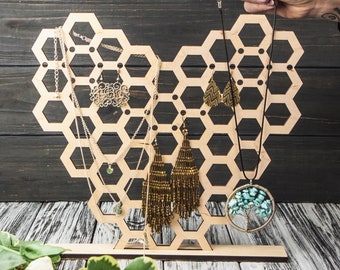 Wood earring organizer, Jewelry display stands wooden, Tabletop earring display, Hexagon earring holder, Honeycomb earring holder