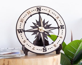 Compass wall clock, Nautical wall clock, Wood wall clock large, Wooden wall clock with numbers,Modern wall clock unique,Oversized wall clock