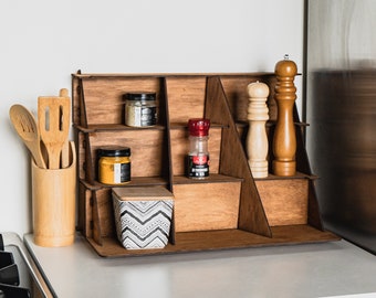 Spice jar organizer, Spice jar rack, Wood spice rack countertop, Wood spice shelf, Seasoning holder, Seasoning rack, Tiered spice rack