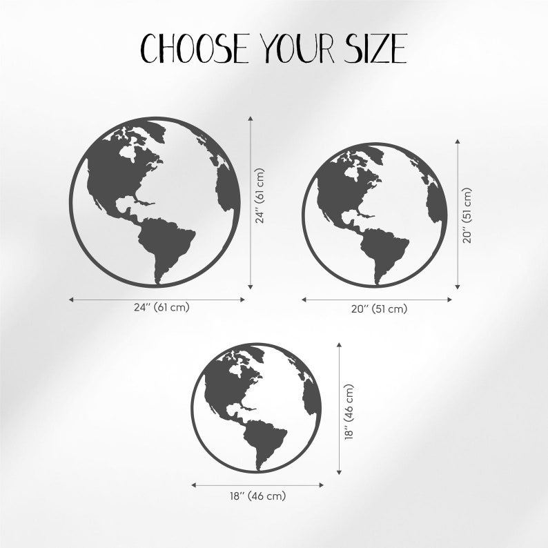 May include: Choose your size for a black and white globe wall decal.  The image shows three sizes: 24 inches, 20 inches, and 18 inches.