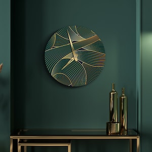 Green with gold clock, Wave wall clock, Leaves wall clock, Nature wall clock, Large wall clock unique, Oversized wall clock, Modern clock image 2