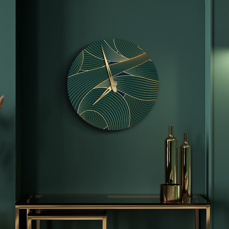 Green with gold clock, Wave wall clock, Leaves wall clock, Nature wall clock, Large wall clock unique, Oversized wall clock, Modern clock image 2