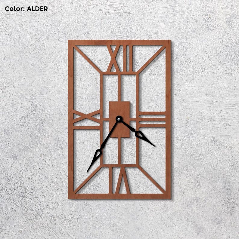 May include: A brown wooden clock with Roman numeral markings and black hands. The clock has a geometric design with a square frame and a rectangular center.