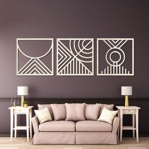 Mid Century moderne Holz Wandkunst, Mid Century geometrische Wandkunst 3er Set, Boho Wandbehang Dekor, Boho Wandkunst Set 3