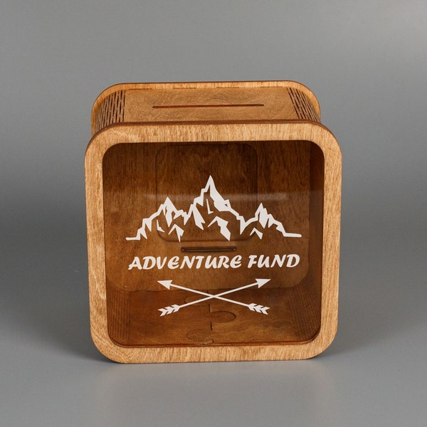 Minibox personalisiert, Spardose nach Maß, Abenteuer Fundbank, Sparschwein aus Holz, Spardose Holz, Geldhalter aus Holz, Holzbox mit Glas,