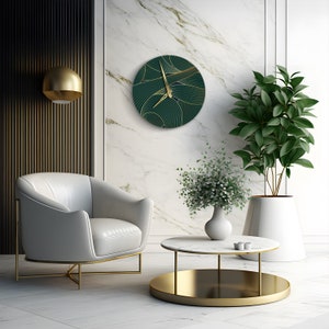 Green with gold clock, Wave wall clock, Leaves wall clock, Nature wall clock, Large wall clock unique, Oversized wall clock, Modern clock image 4