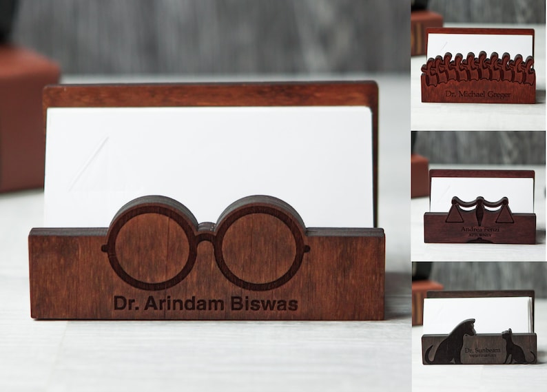 Business card holder for desk personalized,Optometrist gift,Ophthalmologist gift,Wood business card holder for desk,Card holder display image 1