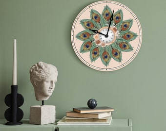 Peacock Clock, , Peacock Feathers Clock, Modern Clock, Elegant Peacock Clock, Wooden Wall Clock, Elegant And Exotic Bird Timepiece