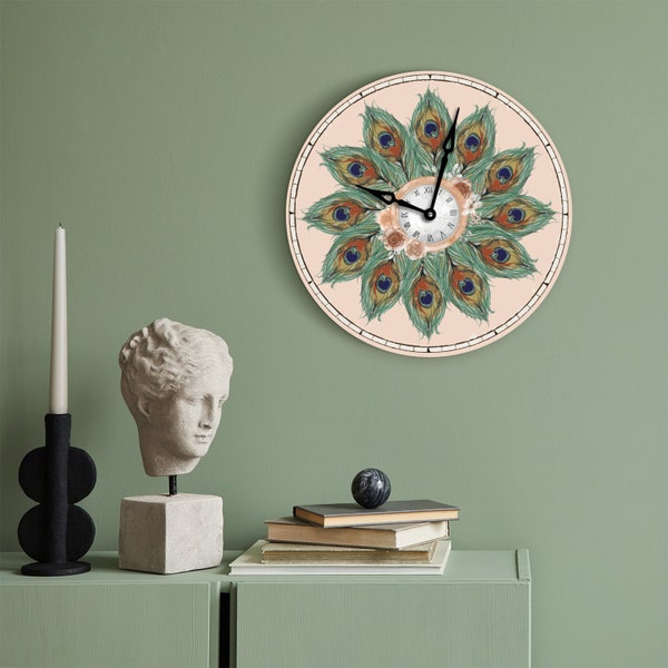Peacock Clock, , Peacock Feathers Clock, Modern Clock, Elegant Peacock Clock, Wooden Wall Clock, Elegant And Exotic Bird Timepiece