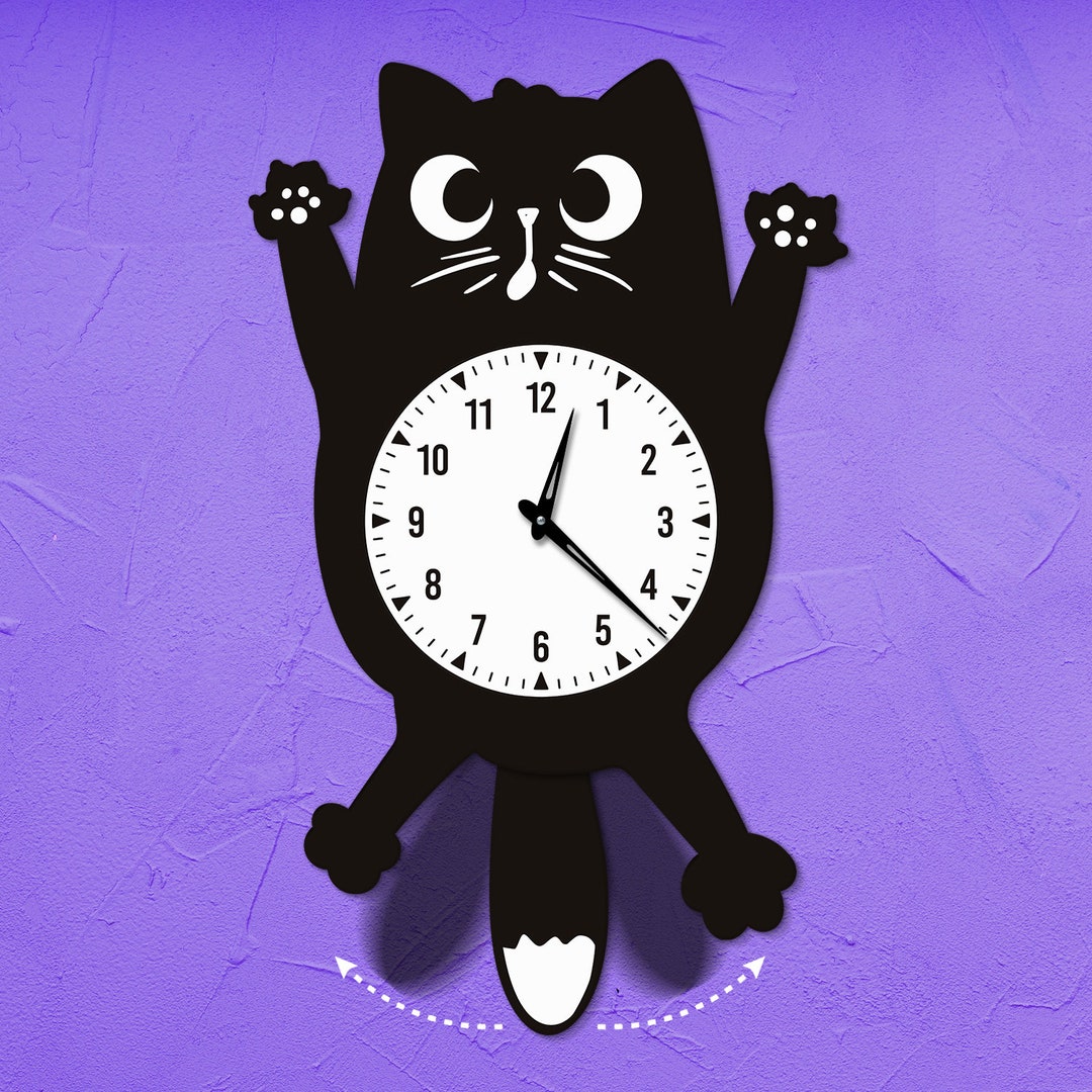 Cat Wall Clock With Pendulum, Cat Decor Wood Clock, Cat Art Wall Clock ...