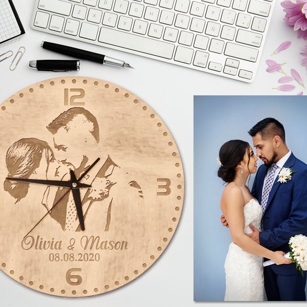 Wood clock anniversary,Wood clock personalized,Engraved wall clock,5 year anniversary gift for couple,Personalized wedding gift for couple