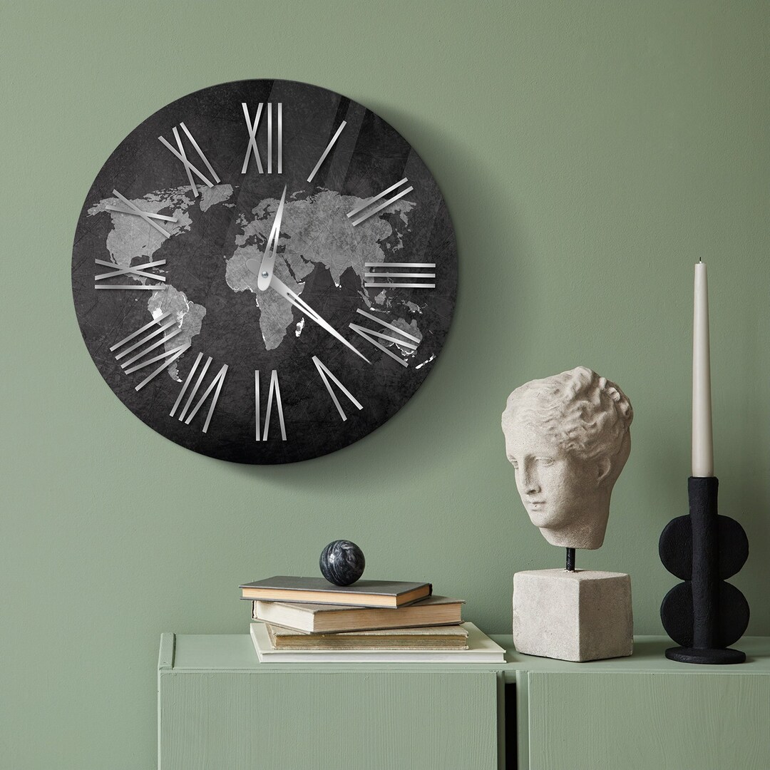 World Map Clock, Black Map Clock, Nautical Clock, Globe Wall Clock