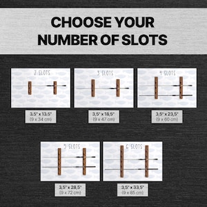 May include: A wall-mounted fishing rod rack with 6 different sizes to choose from. The rack is made of wood and has a brown finish. The rack can hold up to 6 fishing rods. The dimensions of the rack are listed in inches and centimeters.