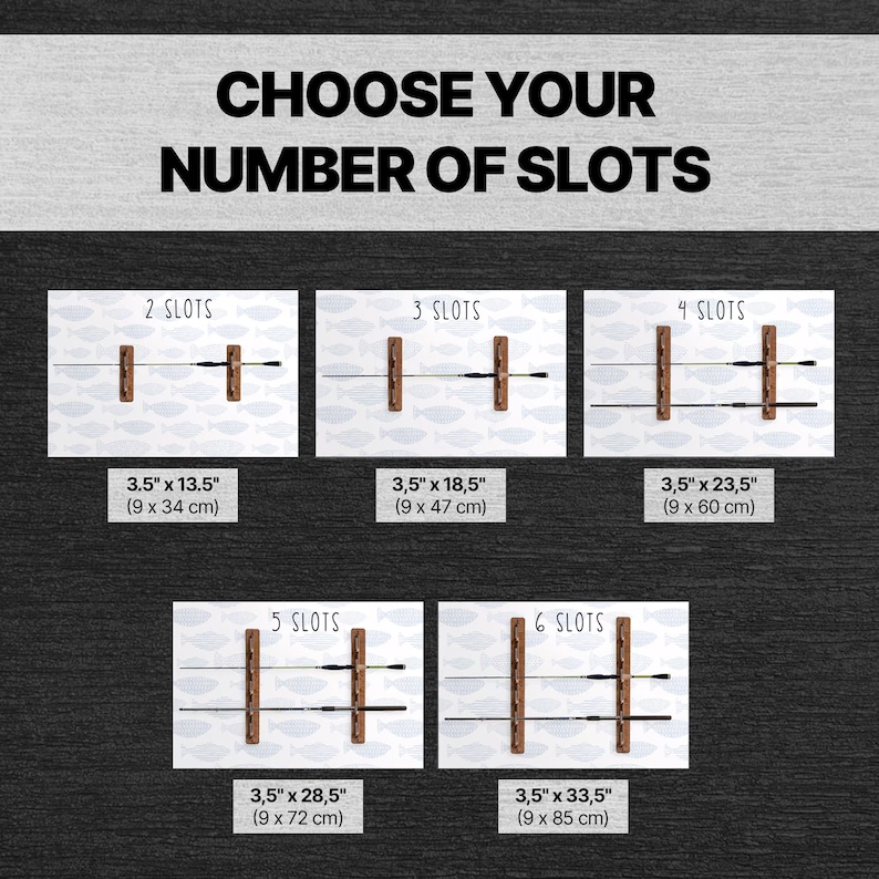 May include: A wall-mounted fishing rod rack with 6 different sizes to choose from. The rack is made of wood and has a brown finish. The rack can hold up to 6 fishing rods. The dimensions of the rack are listed in inches and centimeters.