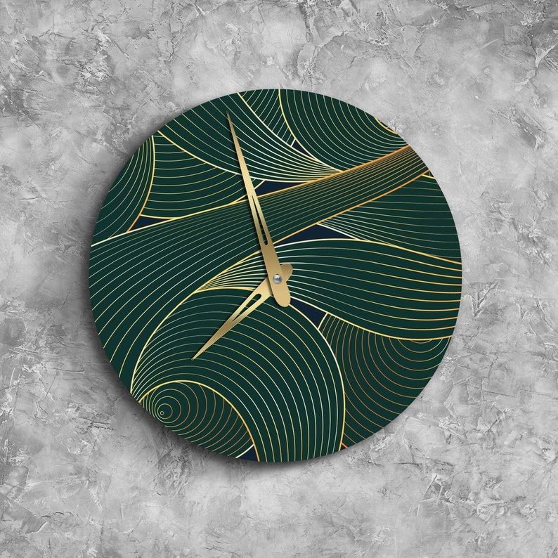 Green with gold clock, Wave wall clock, Leaves wall clock, Nature wall clock, Large wall clock unique, Oversized wall clock, Modern clock image 1