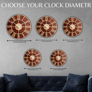 May include: Five different sizes of round wooden clocks with Roman numeral markings and a brown wood grain finish. The clocks are displayed on a light gray wall with measurements in inches and centimeters.