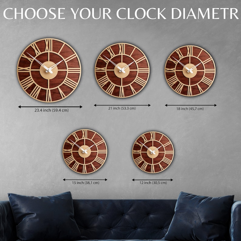 May include: Five different sizes of round wooden clocks with Roman numeral markings and a brown wood grain finish. The clocks are displayed on a light gray wall with measurements in inches and centimeters.
