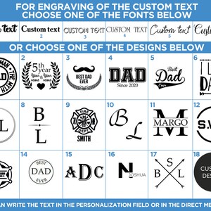 Pu&ograve; includere: Un grafico con 18 diversi design per l'incisione di testo personalizzato. I design includono una variet&agrave; di font, stili e temi, come "The Man, The Myth, The Dad", "Best Dad Ever", "Fire Dept. Smith" e "S.W.D".