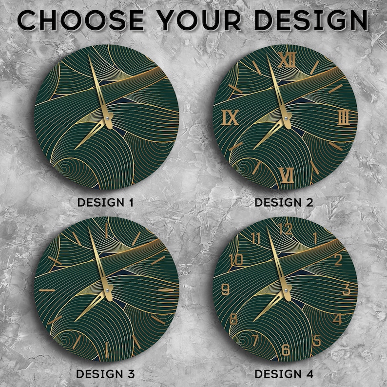 Green with gold clock, Wave wall clock, Leaves wall clock, Nature wall clock, Large wall clock unique, Oversized wall clock, Modern clock image 3