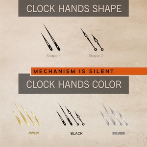 Pu&ograve; includere: Immagine che mostra lancette dell'orologio in varie forme e colori. Il testo indica "CLOCK HANDS SHAPE" con due opzioni di design. Viene visualizzato anche "MECHANISM IS SILENT". Le lancette dell'orologio sono mostrate in oro, nero e argento.