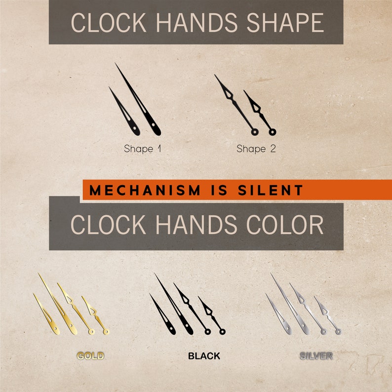Pu&ograve; includere: Immagine che mostra lancette dell'orologio in varie forme e colori. Il testo indica "CLOCK HANDS SHAPE" con due opzioni di design. Viene visualizzato anche "MECHANISM IS SILENT". Le lancette dell'orologio sono mostrate in oro, nero e argento.