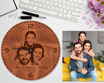 Zegar drewniany personalizowany,Grawerowane zdjęcie z drewna,Spersonalizowane prezenty rodzinne,Spersonalizowany zegar ścienny,Zegar z nazwiskiem rodzinnym,Unikalny zegar ścienny