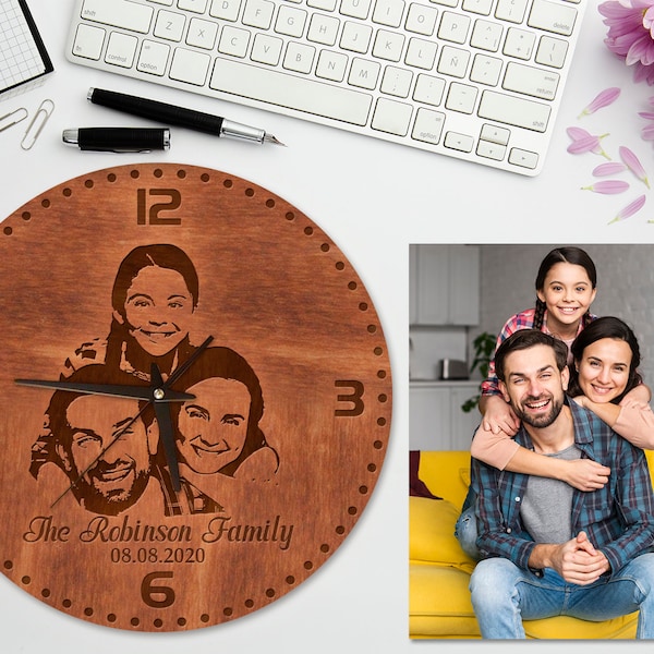 Holzuhr personalisiert, graviertes Foto Holz, personalisierte Familiengeschenke, benutzerdefinierte Wanduhr, Familienuhr, einzigartige Wanduhr