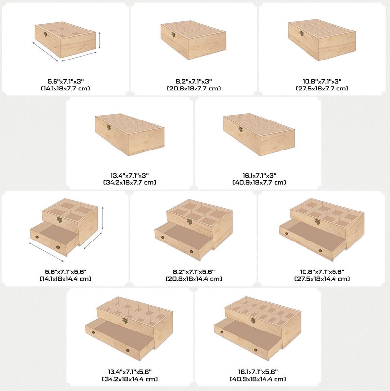 Pu&ograve; includere: Set di sei scatole di legno con coperchi in diverse dimensioni. Le scatole sono realizzate in legno naturale e hanno un design semplice ed elegante. Le scatole sono perfette per organizzare piccoli oggetti, come gioielli, materiali per l'artigianato o forniture per ufficio. Le scatole sono disponibili in tre diverse dimensioni: 14,1 cm x 18 cm x 7,7 cm, 20,8 cm x 18 cm x 7,7 cm e 27,5 cm x 18 cm x 7,7 cm.
