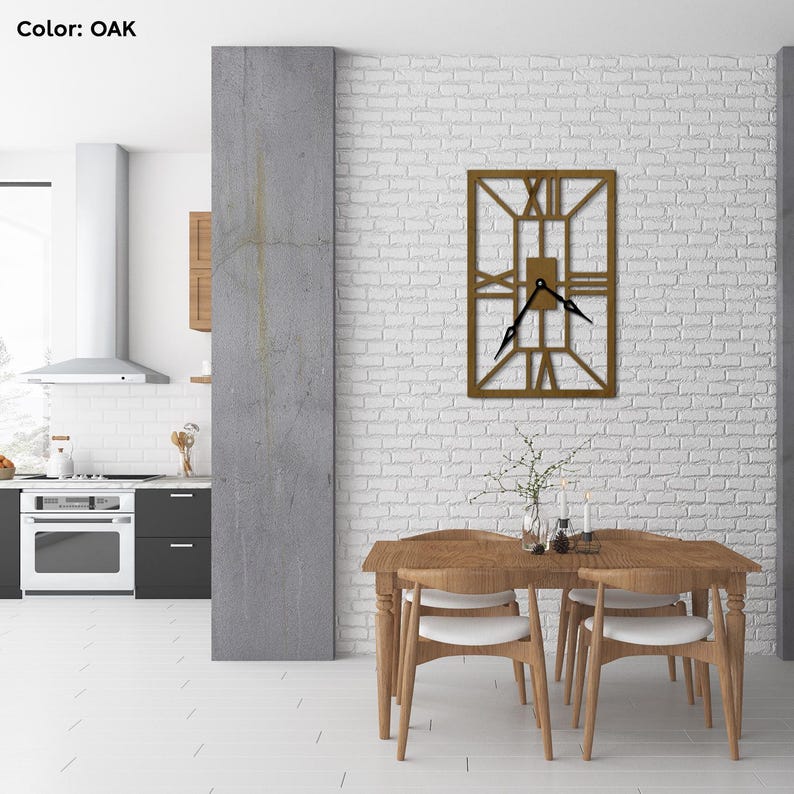 May include: A large, rectangular, wooden wall clock with Roman numeral markings and black hands. The clock is mounted on a white brick wall in a dining room setting. The clock is made of oak wood.