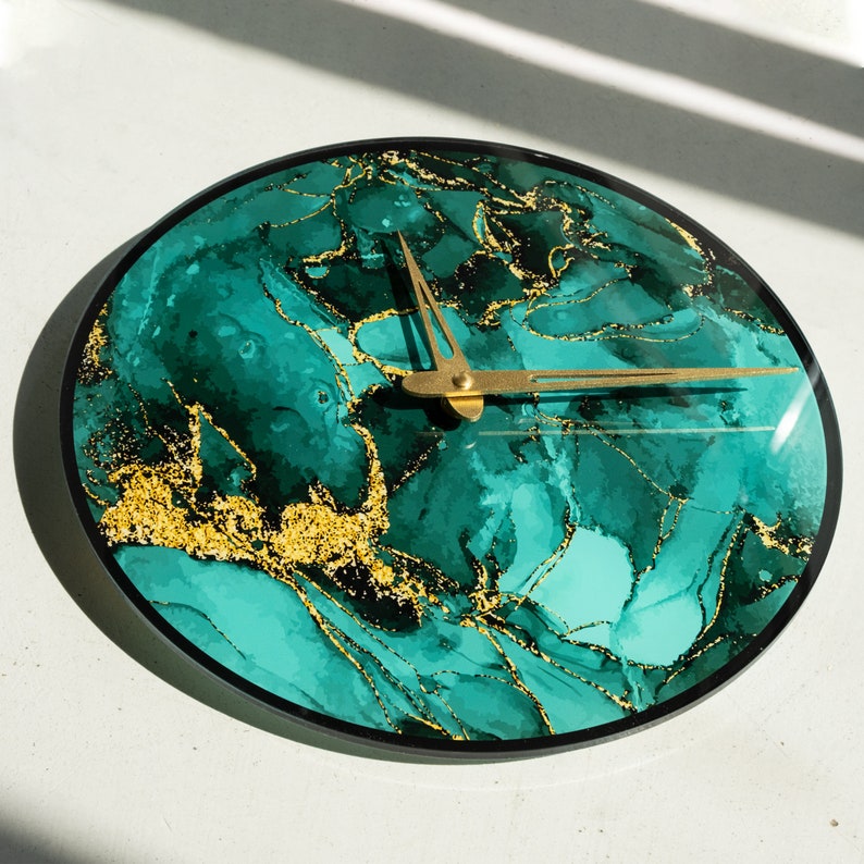 Marble Wall Clock Green Gold Marble Clock Turquoise Wall Etsy