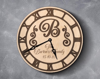 Personalized family name clock, Monogram wood clock, Family name clock large, Anniversary clock wood wall, Last name clock,Custom name clock