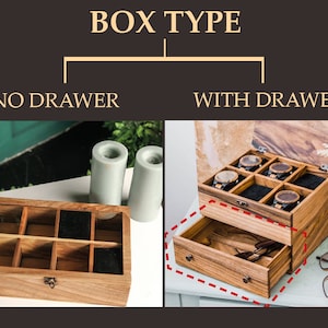 Pu&ograve; includere: Due scatole porta orologi in legno, una con un cassetto e l'altra senza. Entrambe le scatole hanno una finitura in legno marrone e sono realizzate in legno. La scatola con il cassetto ha un coperchio in vetro e la scatola senza cassetto ha un coperchio trasparente.