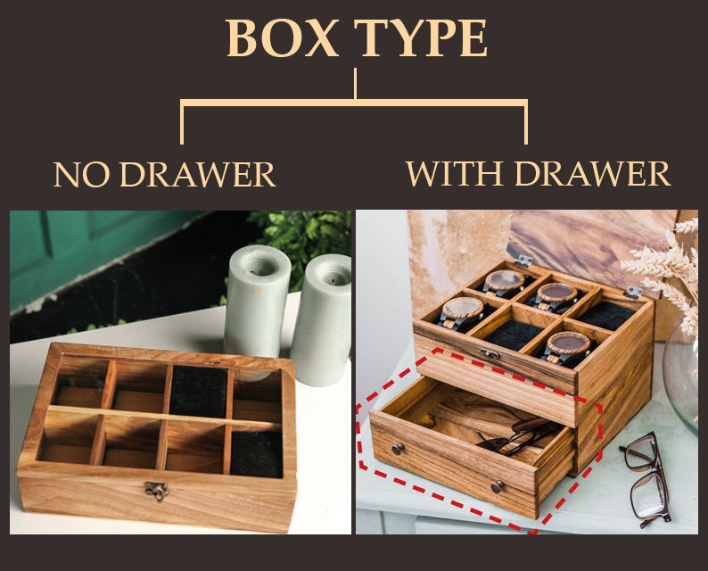 Pu&ograve; includere: Due scatole porta orologi in legno, una con un cassetto e l'altra senza. Entrambe le scatole hanno una finitura in legno marrone e sono realizzate in legno. La scatola con il cassetto ha un coperchio in vetro e la scatola senza cassetto ha un coperchio trasparente.