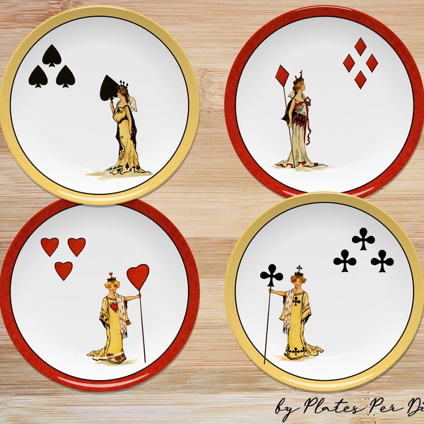 Playing Card Plate Set, Queen of Hearts, Spades, Clubs, Diamonds, Indoor & Outdoor Dining, Game Night Entertaining, Unbreakable Polymer
