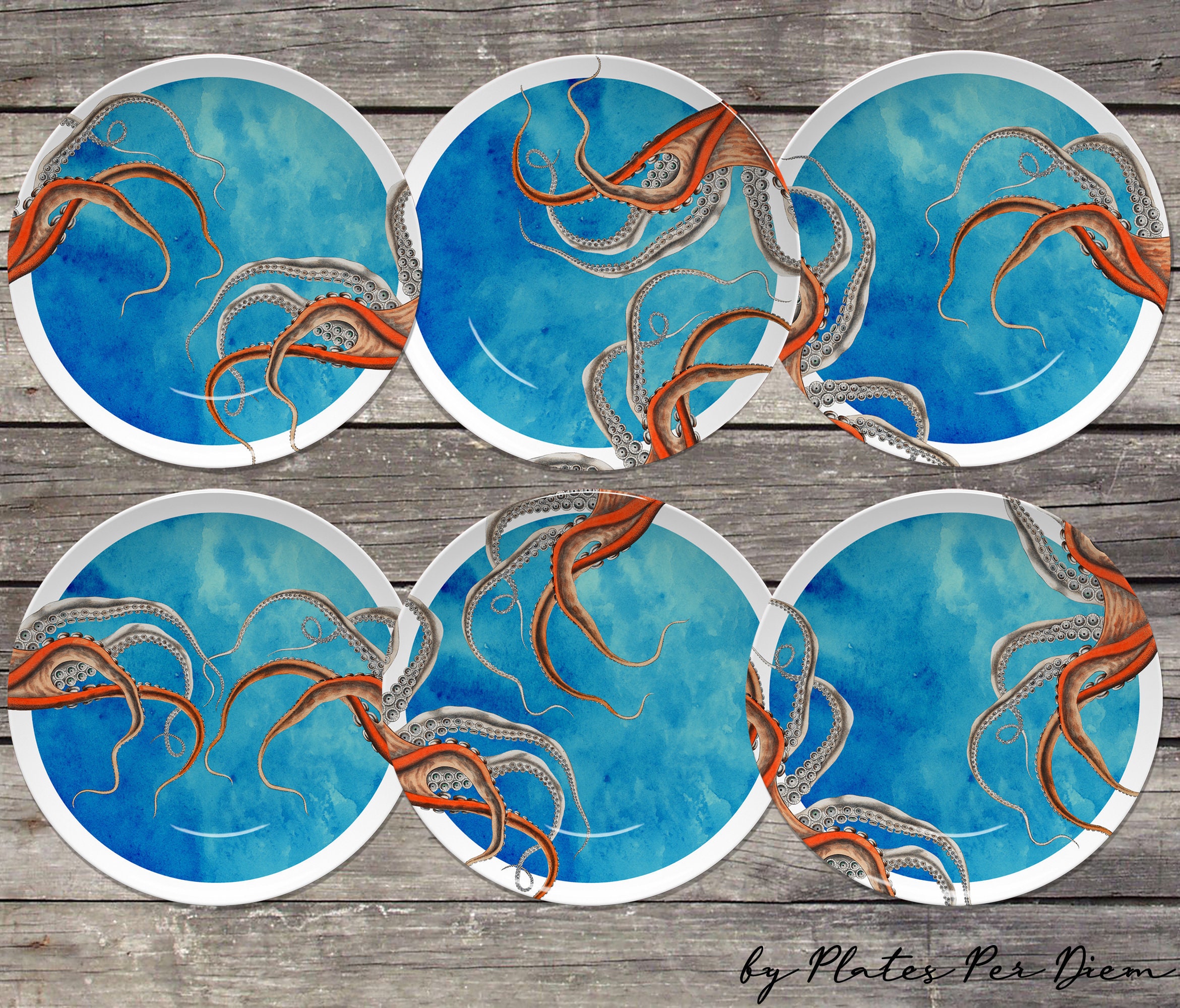 Blue Octopus Plates Dinnerware Set for Indoor and Outdoor Dining
