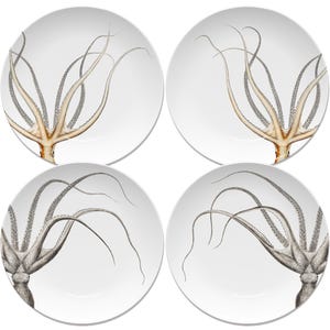 Octopus Dinnerware Set of 4 Plates for Indoor and Outdoor Dining & Entertaining, Beach House Coastal Decor, Unbreakable Polymer