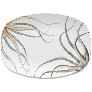 May include: White oval ceramic serving platter with a black and brown octopus design. The octopus tentacles are curled and spread out across the platter.