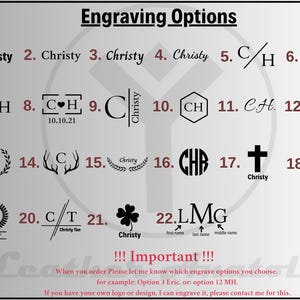 May include: A chart with 22 different engraving options for a personalized gift. The options include initials, names, dates, hearts, crosses, and other designs. The text on the chart reads "Engraving Options" and "!!! Important !!! When you order Please let me know which engrave options you choose. for example: Option 3 Eric, or. option 12 MH. If you have your own logo or design, I can engrave it, please contact me for this."