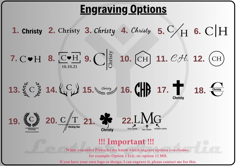 May include: A chart with 22 different engraving options for a personalized gift. The options include initials, names, dates, hearts, crosses, and other designs. The text on the chart reads "Engraving Options" and "!!! Important !!! When you order Please let me know which engrave options you choose. for example: Option 3 Eric, or. option 12 MH. If you have your own logo or design, I can engrave it, please contact me for this."