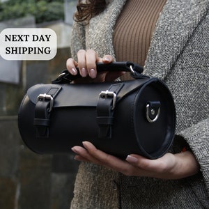 Black leather crossbody bag women, black leather shoulder bag, leather cylinder bag, barrel bags, personalized gifts for women, gift for her