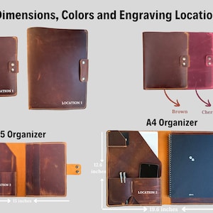 May include: Two leather organizers, one A4 and one A5, in brown leather. The A4 organizer is open, showing a black notebook and a phone pocket. The A5 organizer is closed. Both organizers have a location for engraving. The A4 organizer is available in brown, cherry, and green.