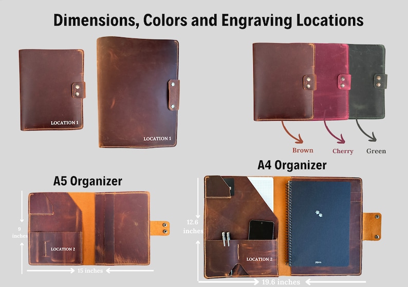 May include: Two leather organizers, one A4 and one A5, in brown leather. The A4 organizer is open, showing a black notebook and a phone pocket. The A5 organizer is closed. Both organizers have a location for engraving. The A4 organizer is available in brown, cherry, and green.