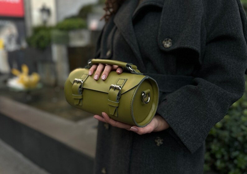 Classic style leather shoulder bag, Leather satchel for women, barrel bag, retro model cylinder bag, Crossbody bag, Round bag, Box bag Olive Green